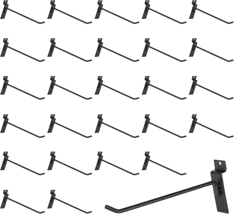 SINCHEEWAY 50 Pack Slatwall Hooks, Slatwall Accessory for Hanging, Slat Board Hook for Garage, Retail, Home, and Shop Display (Black, 8 Inch) - Image 1